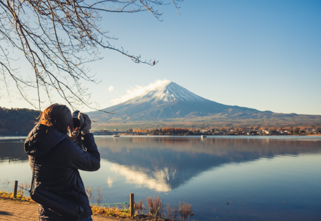 A Women Clicking A Picture Of Mount Fuji
