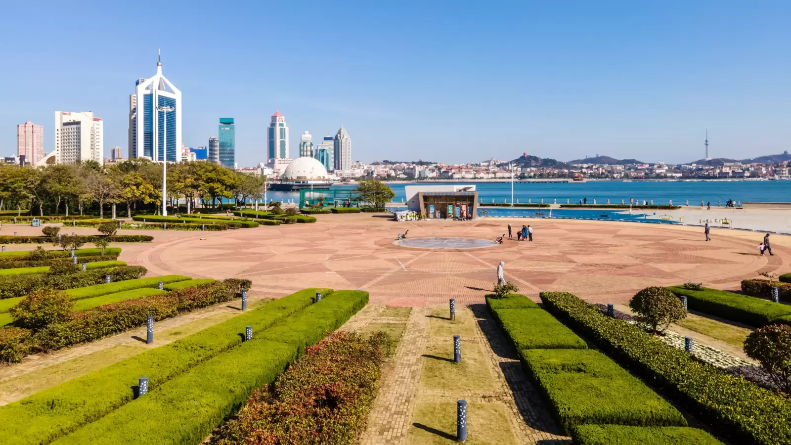 aerial panorama of architectural landscape skyline in qingdao bay