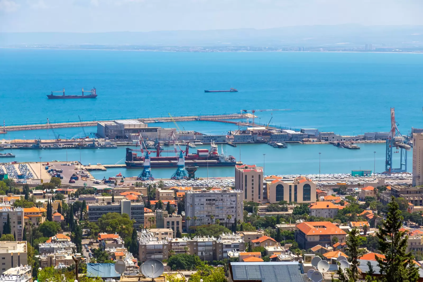 aerial view of haifa port and haifa city on the mediterranean coast