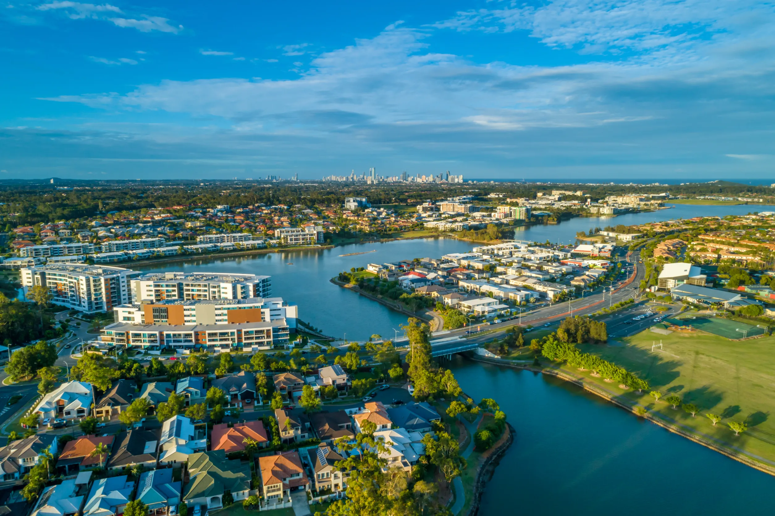 aerial view of luxury real estate of varsity lakes suburb on gold coast