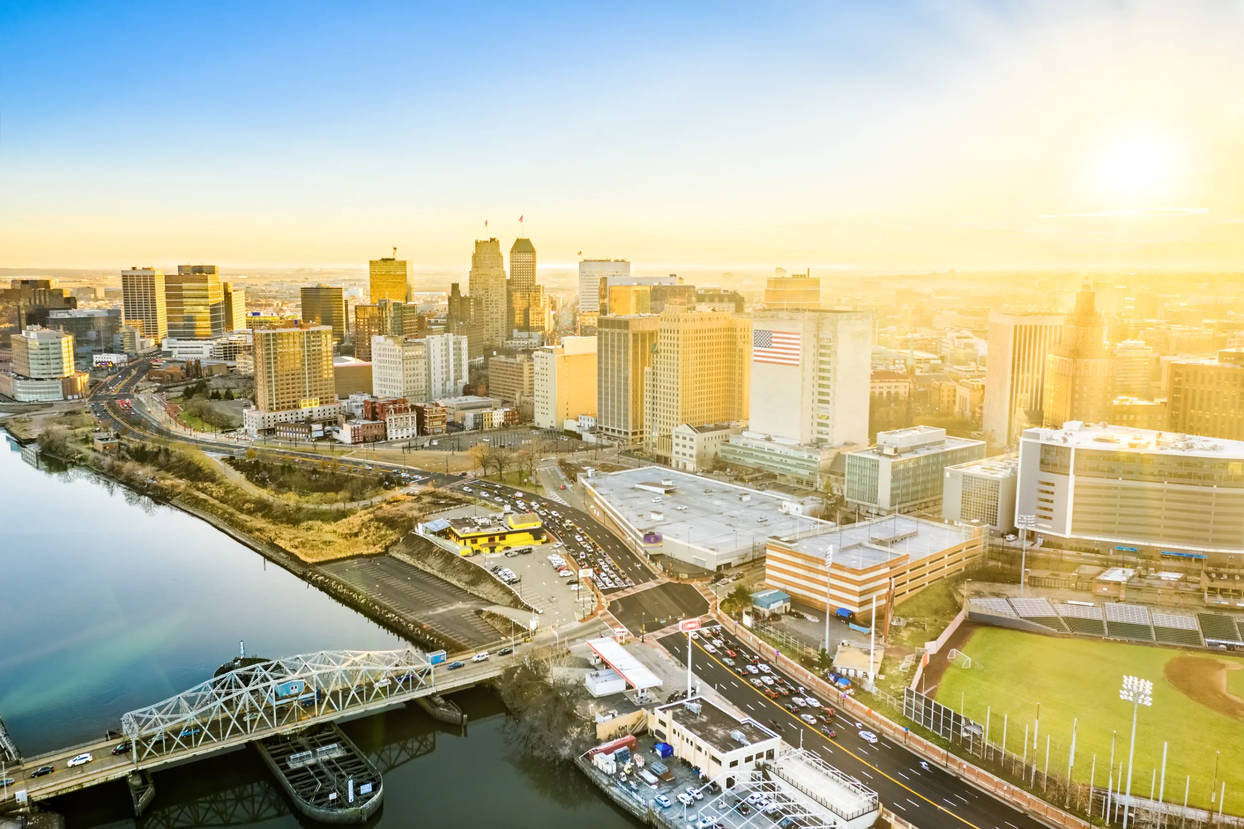 aerial view of newark new jersey skyline on late sunny afternoon