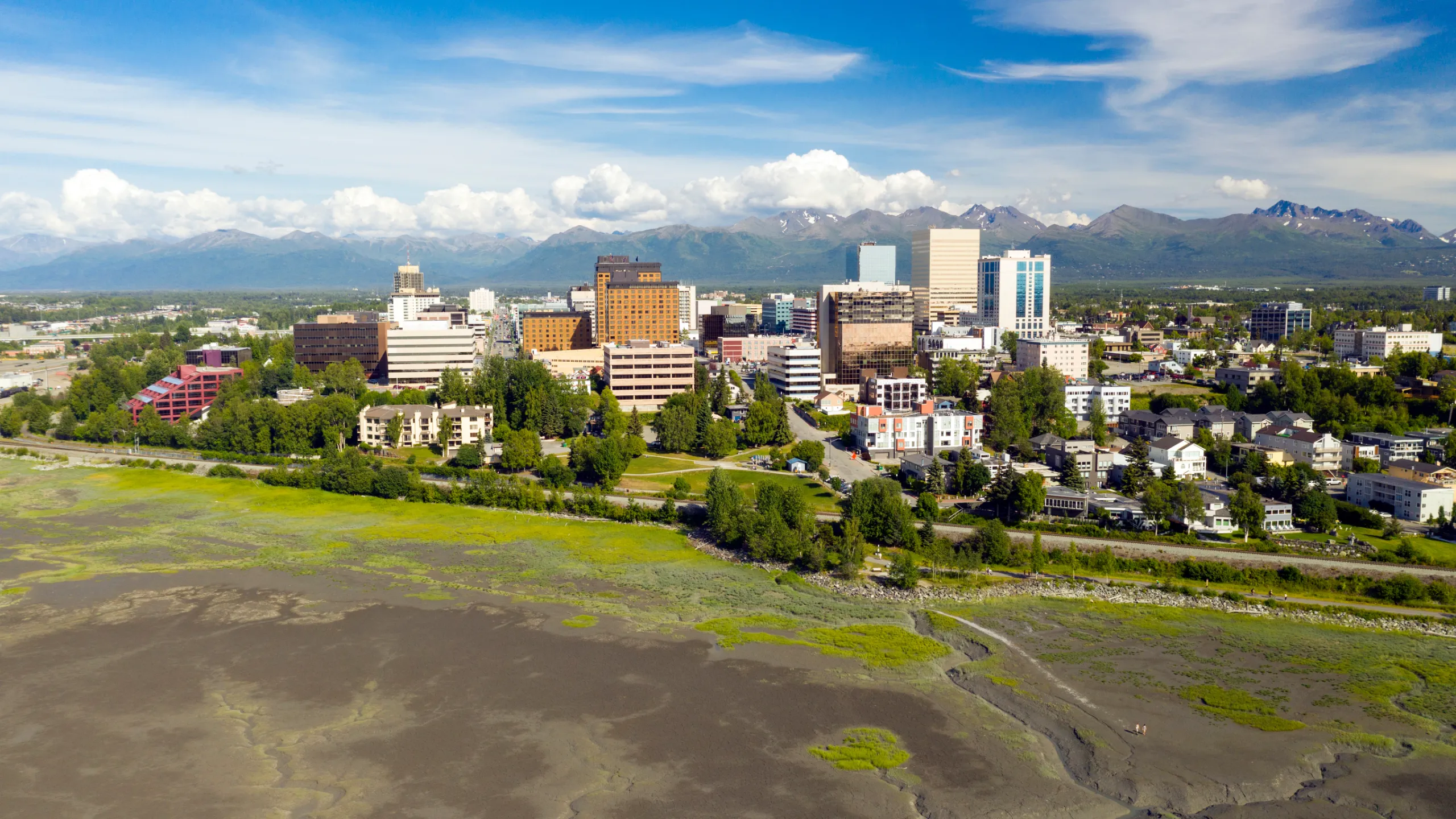 aerial view over the town and waterfront of anchorage alaska