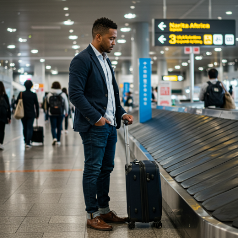 A person waiting at the airport’s conveyor belt area