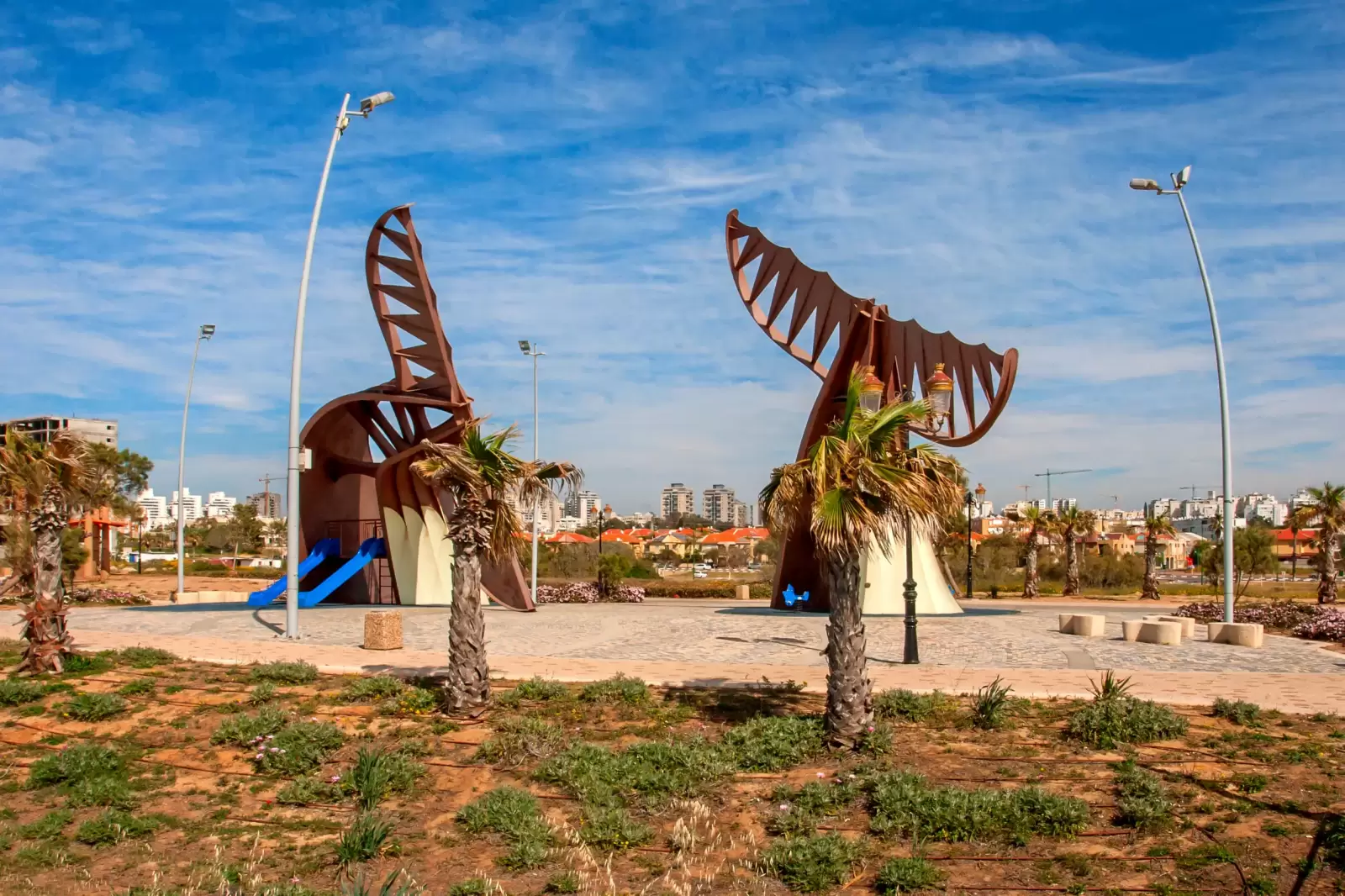 ashkelon on summer street with palm trees