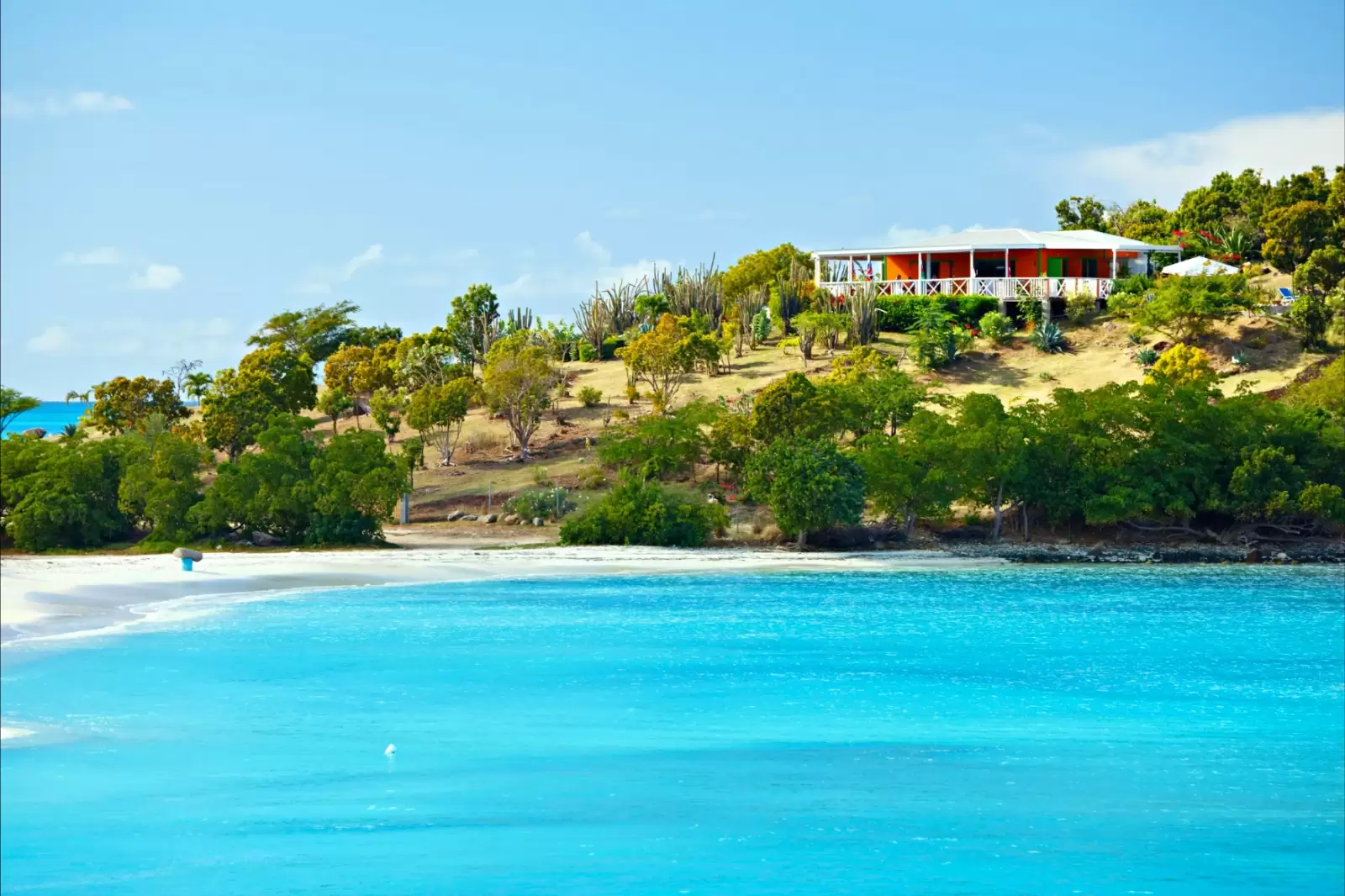 beach in antigua with blue sky and turquoise water a beach bar