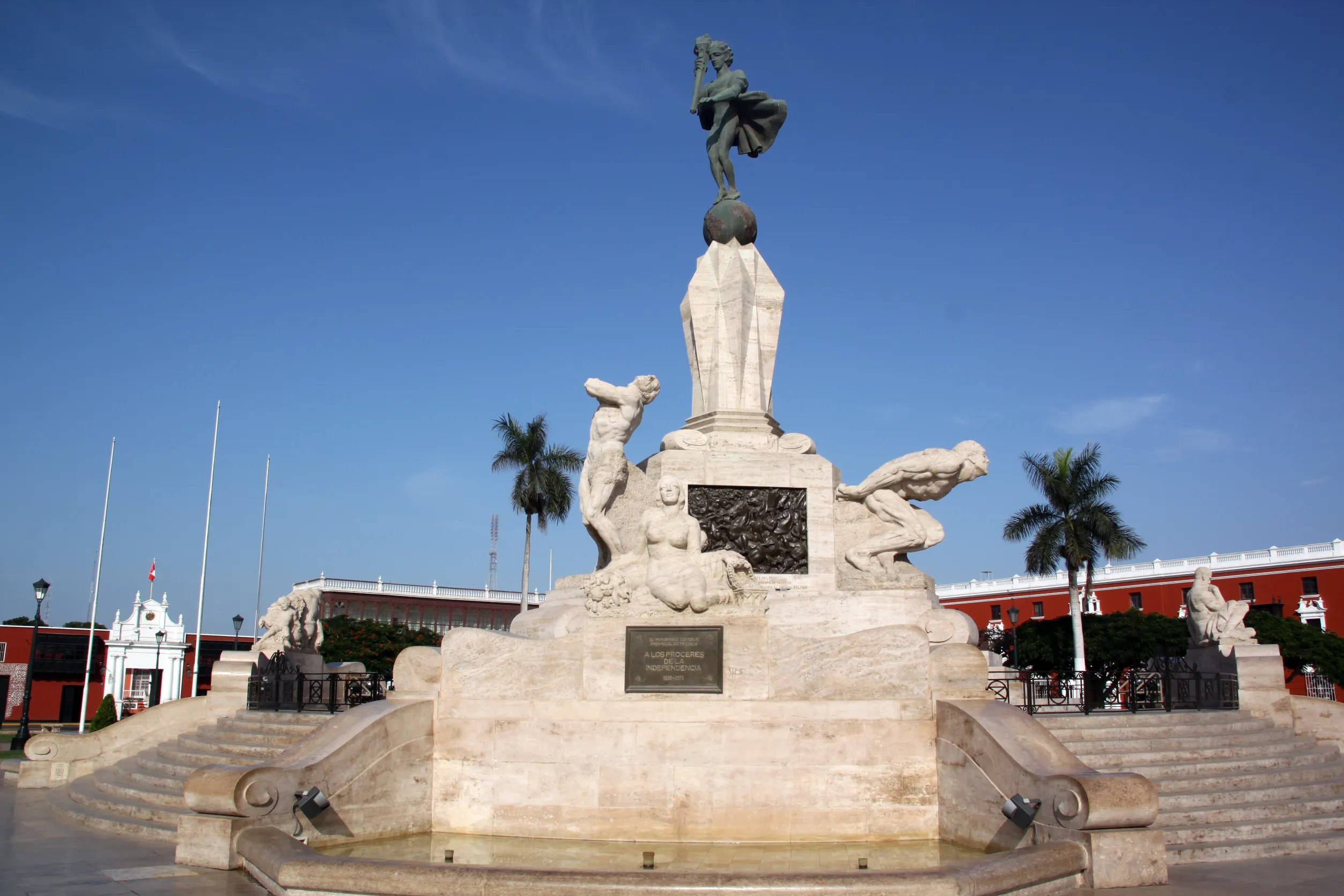 bronze monument on the main square of trujillo north peru