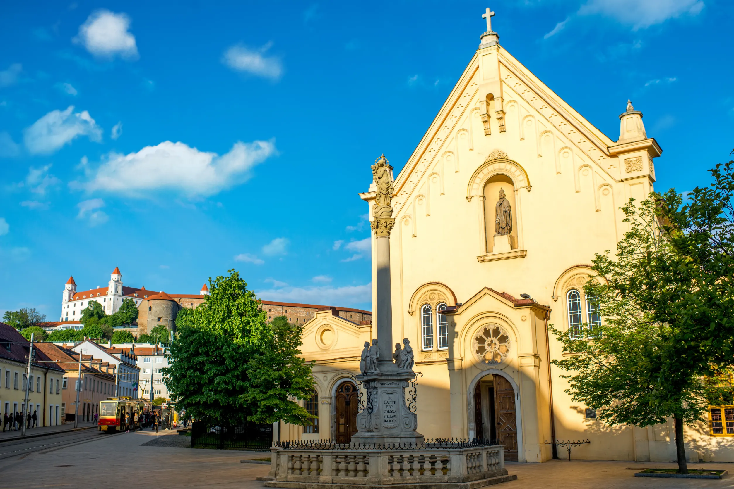 capuchin church with castle hill on the background in bratislava