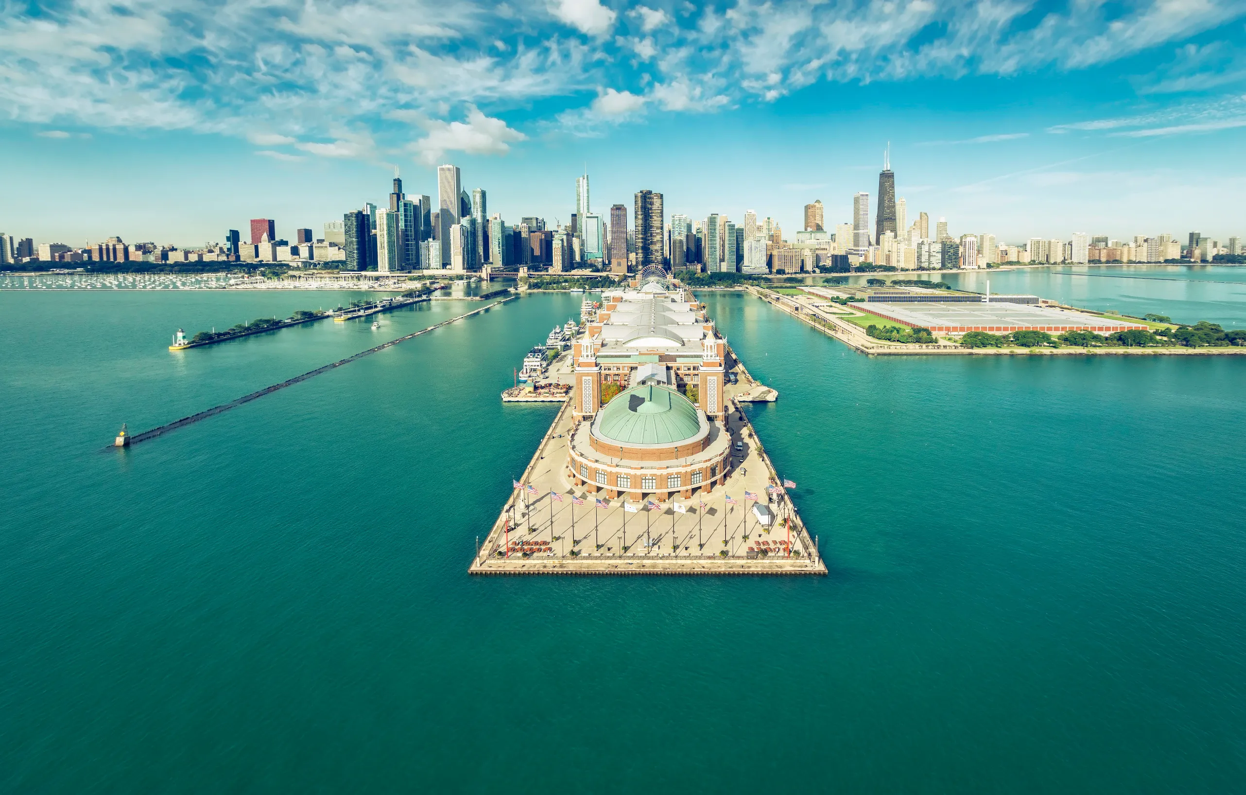 chicago skyline aerial view with navy pier vintage colors