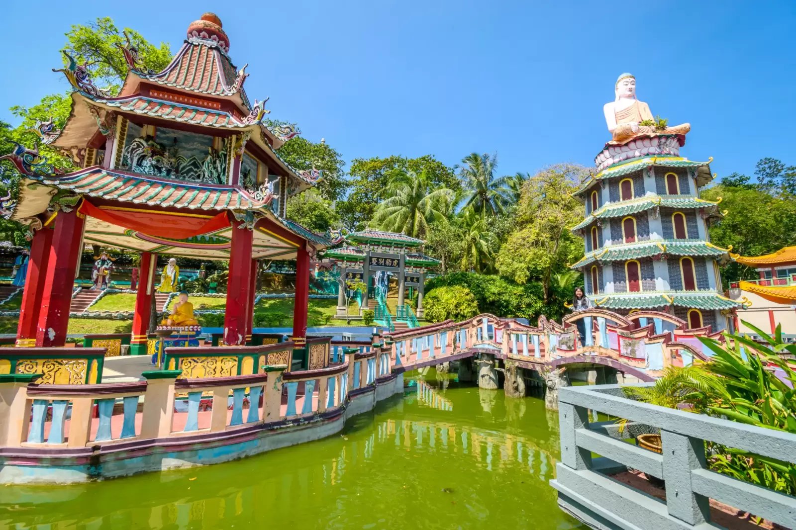 chinese pagoda and pavilion by the lake at haw