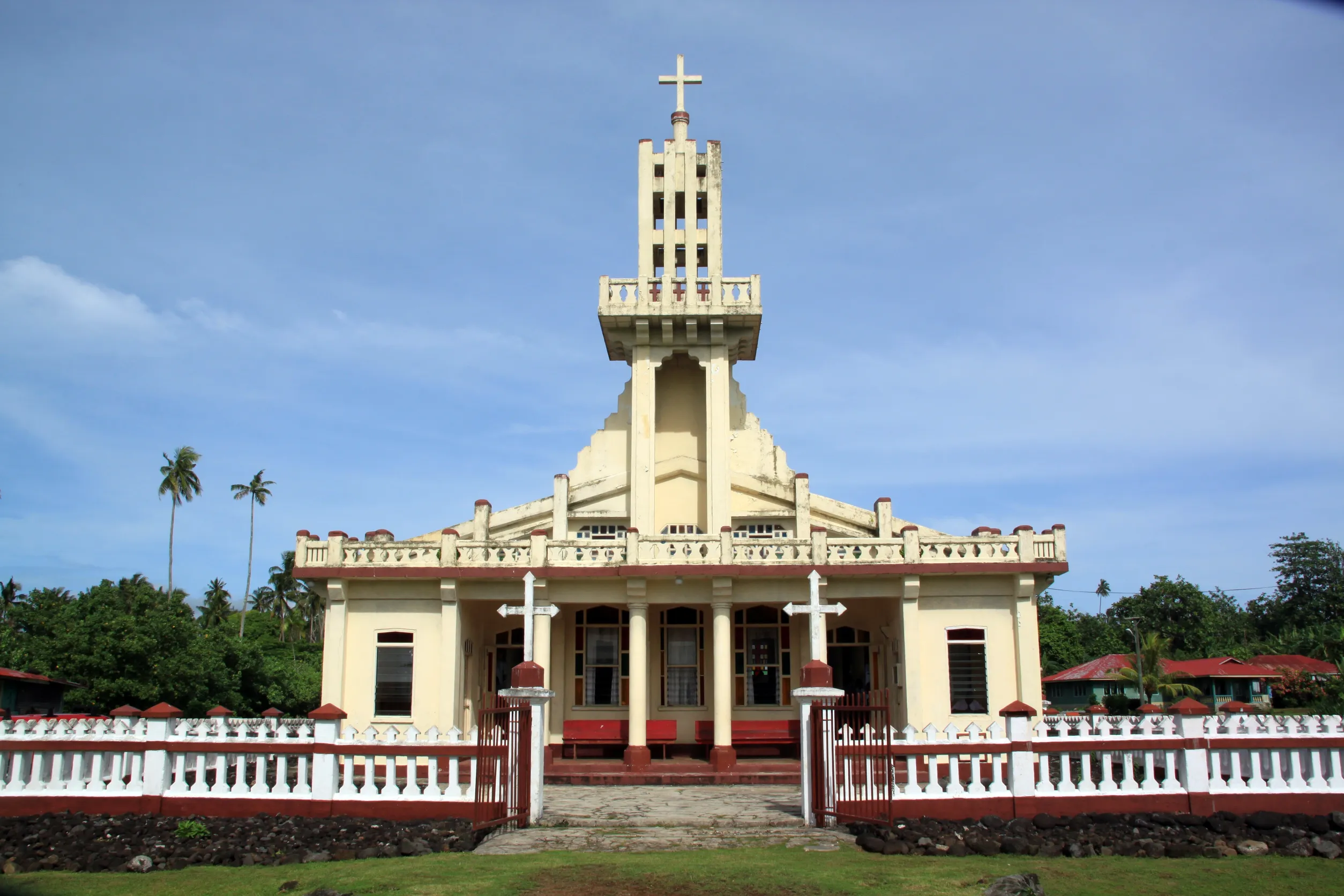 church with tall tpwer in savaii island samoa