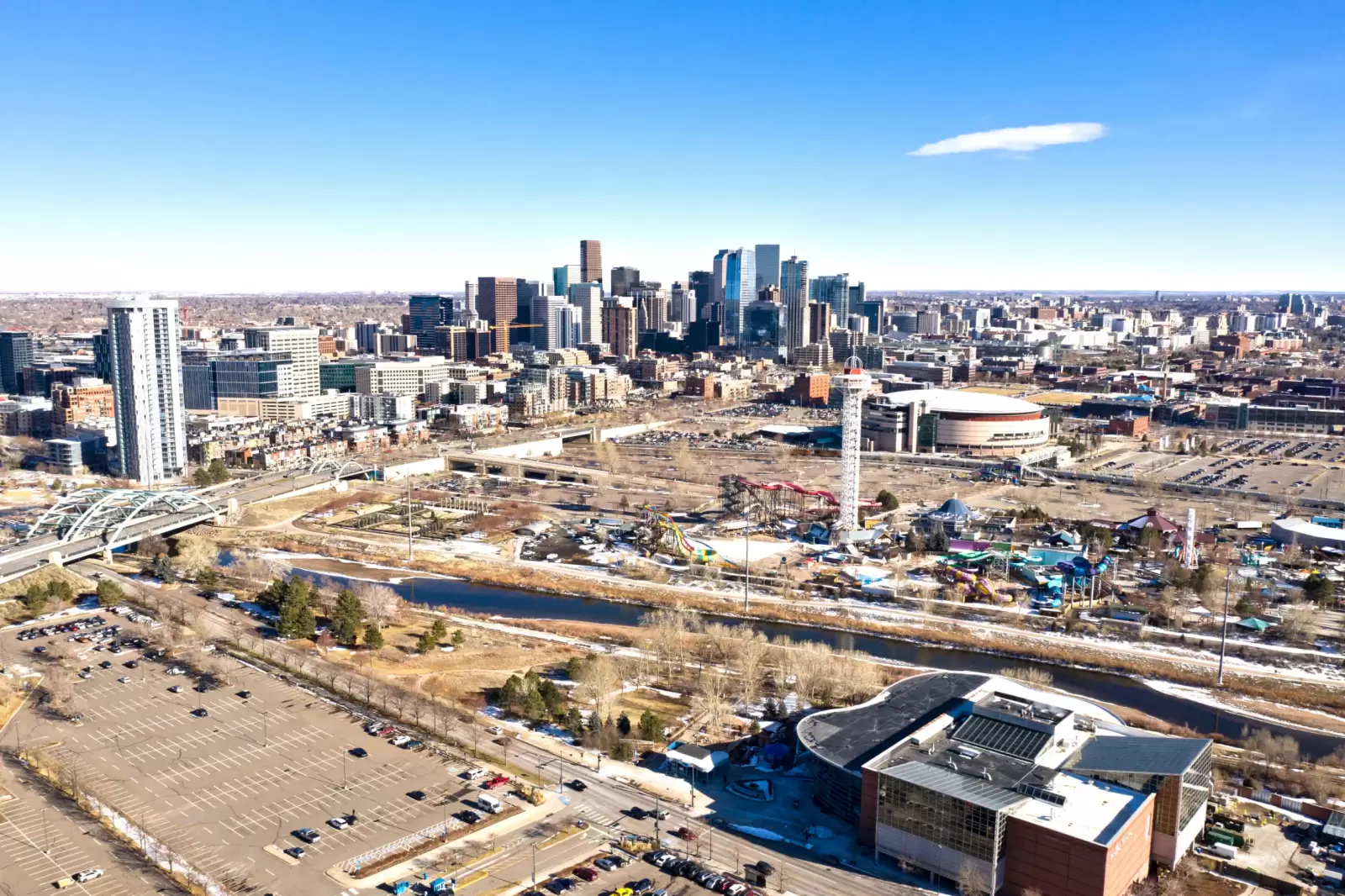 denver colorado skyline cityscape sunny day aerial high angle view