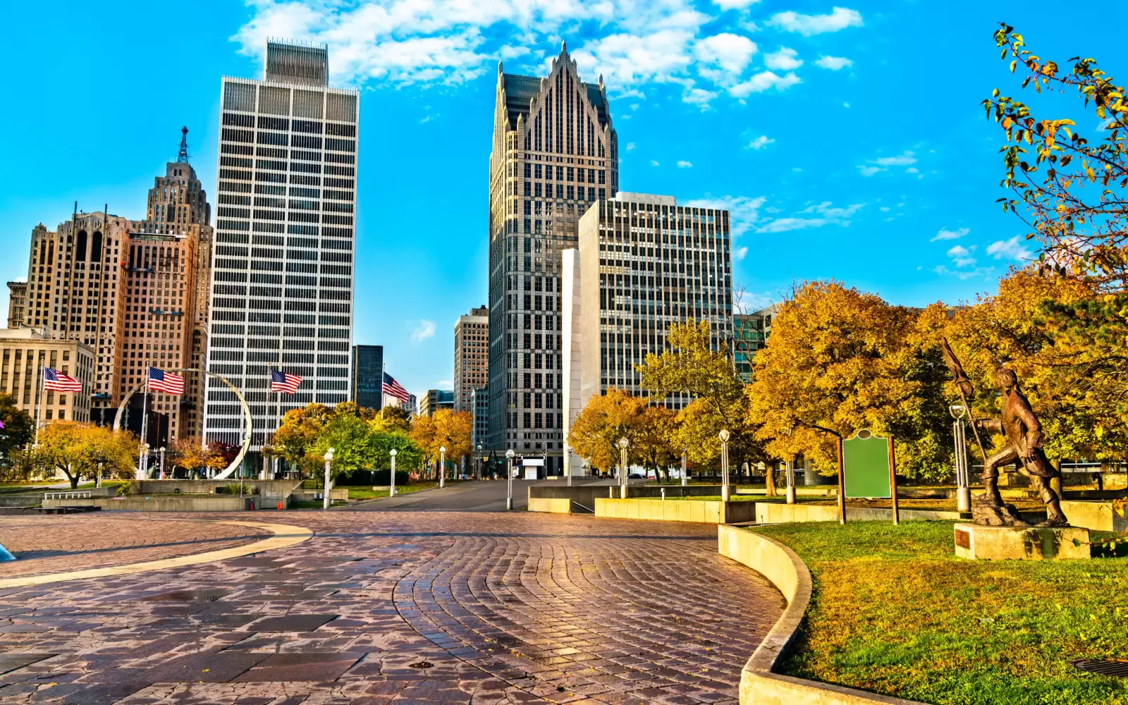 downtown detroit skyline from hart plaza michigan united states