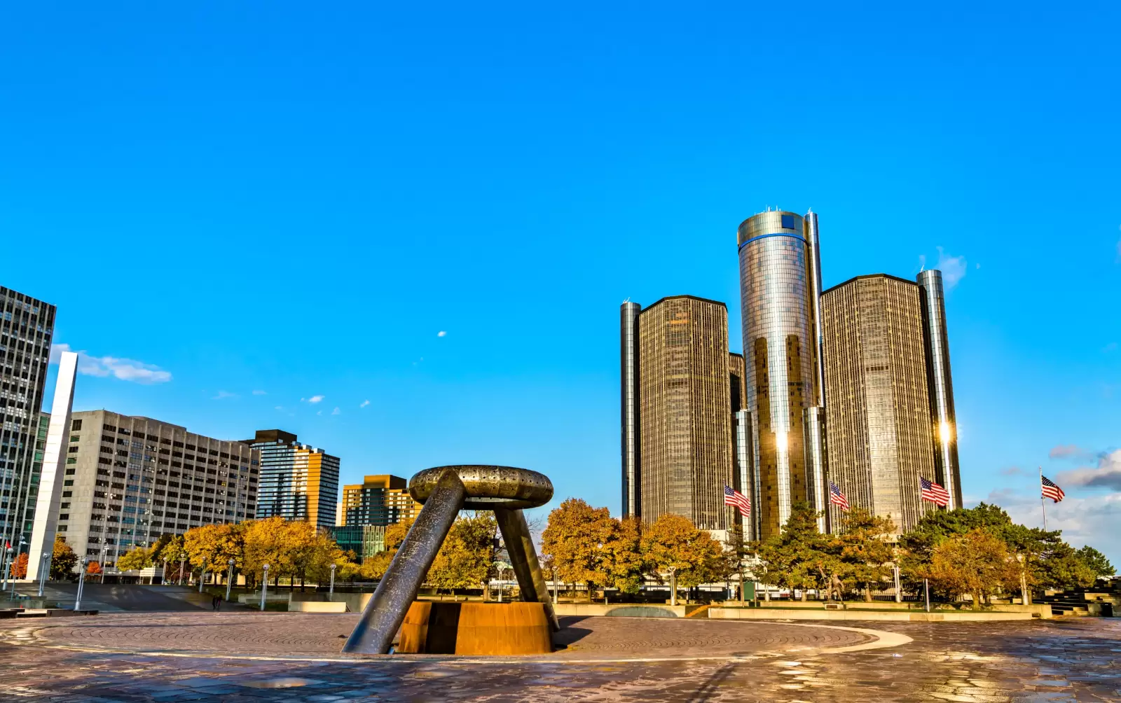 downtown detroit skyline from hart plaza michigan