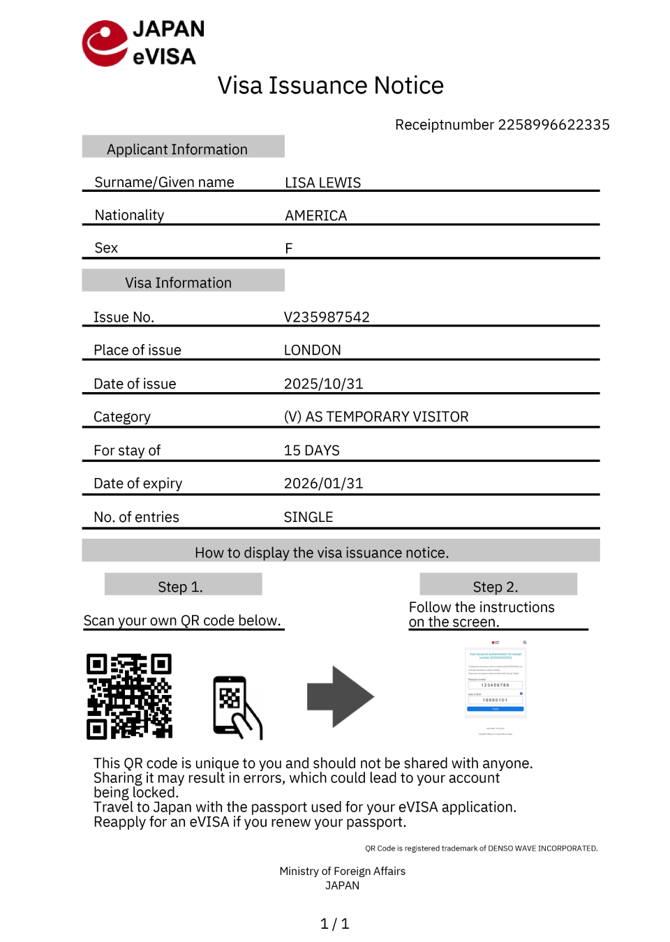 eVisa Approval Document Japan