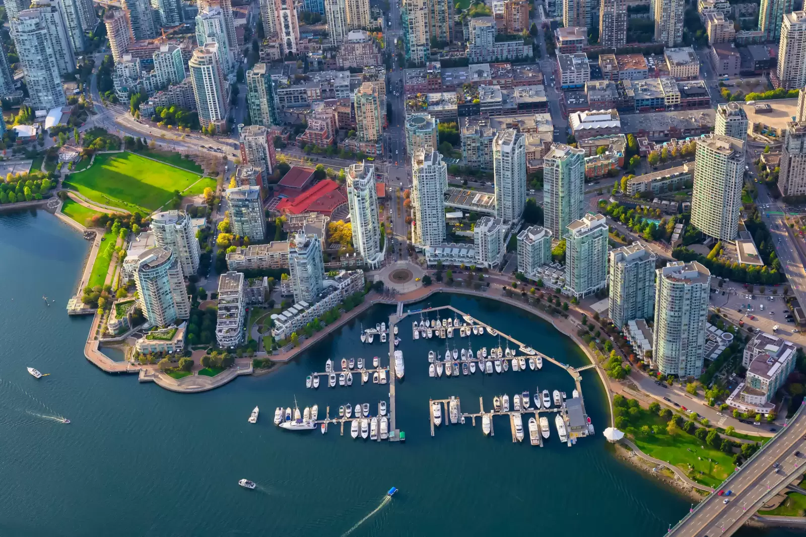 false creek cambie bridge marina and residential buildings viewed from an aerial perspective