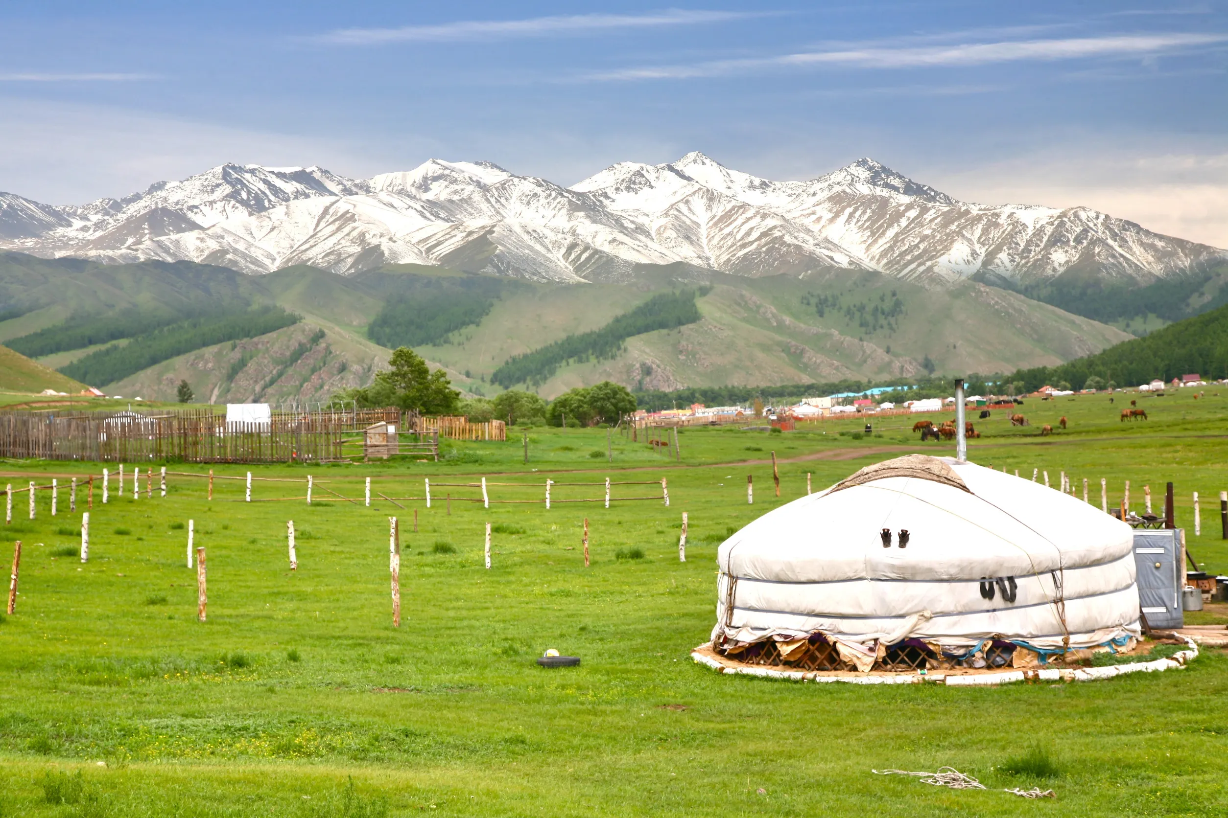ger camp in a large meadow at naryn of kyrgyzstan