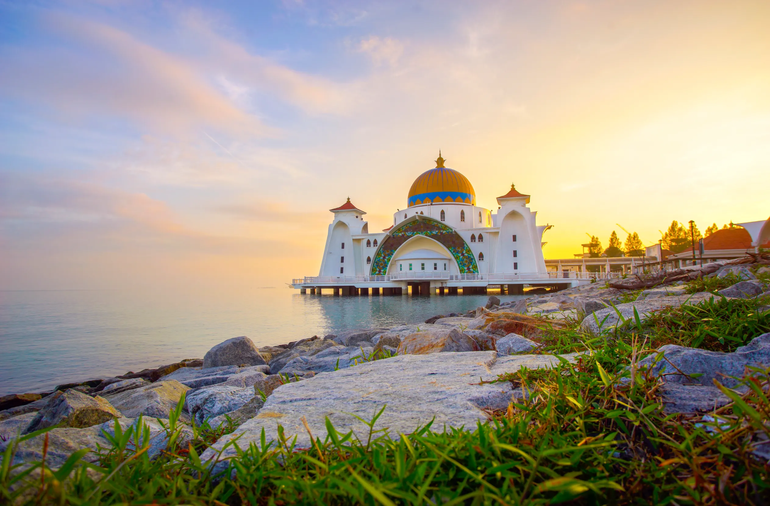 malacca straits mosque during sunset