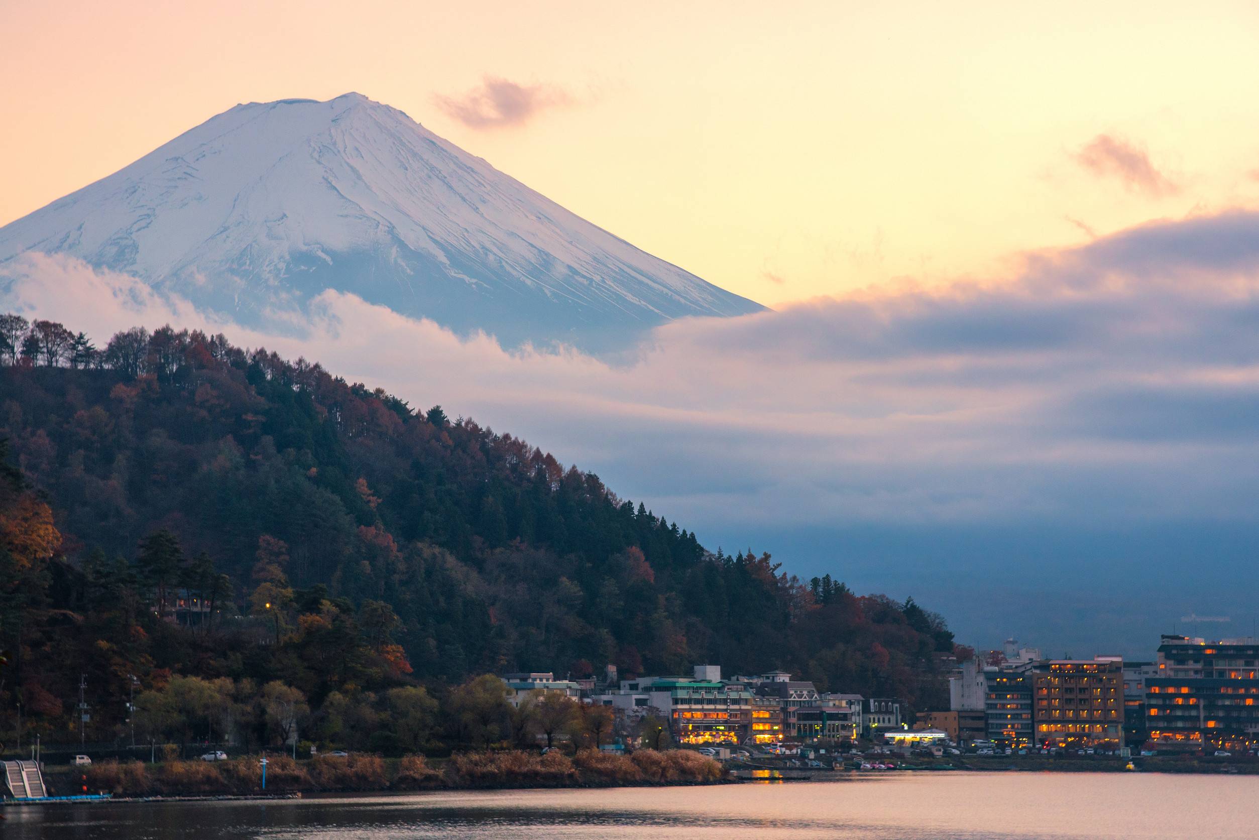 Mount Fuji Over Lakeside Town