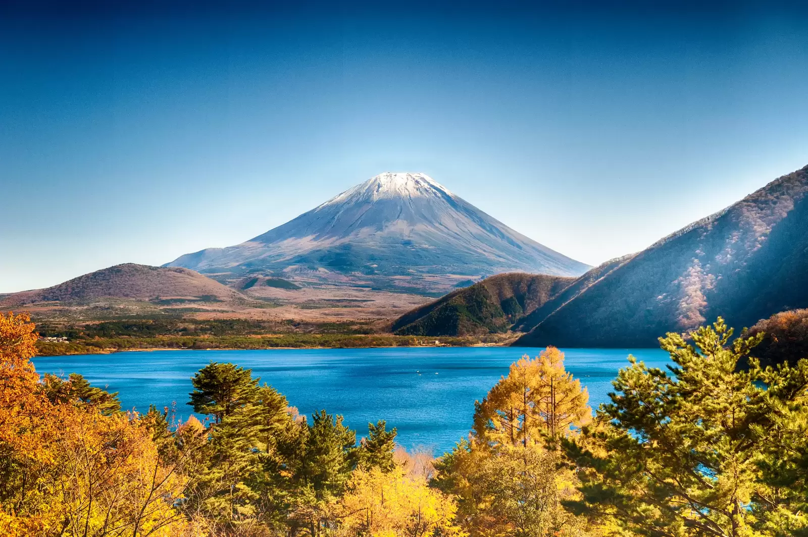 mountain fuji in winter season from motosu lake