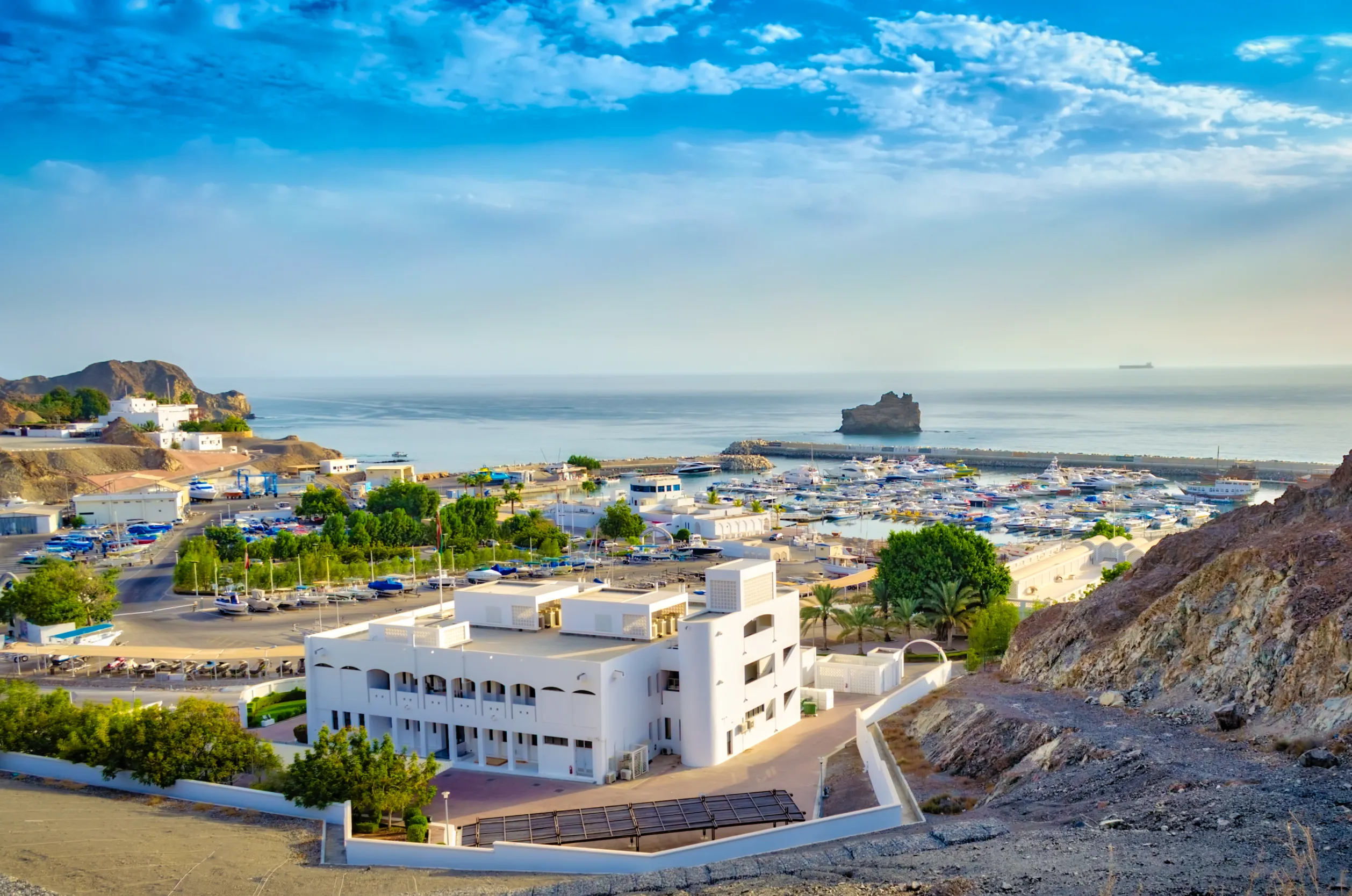 oman seascape with blue sky and mountains