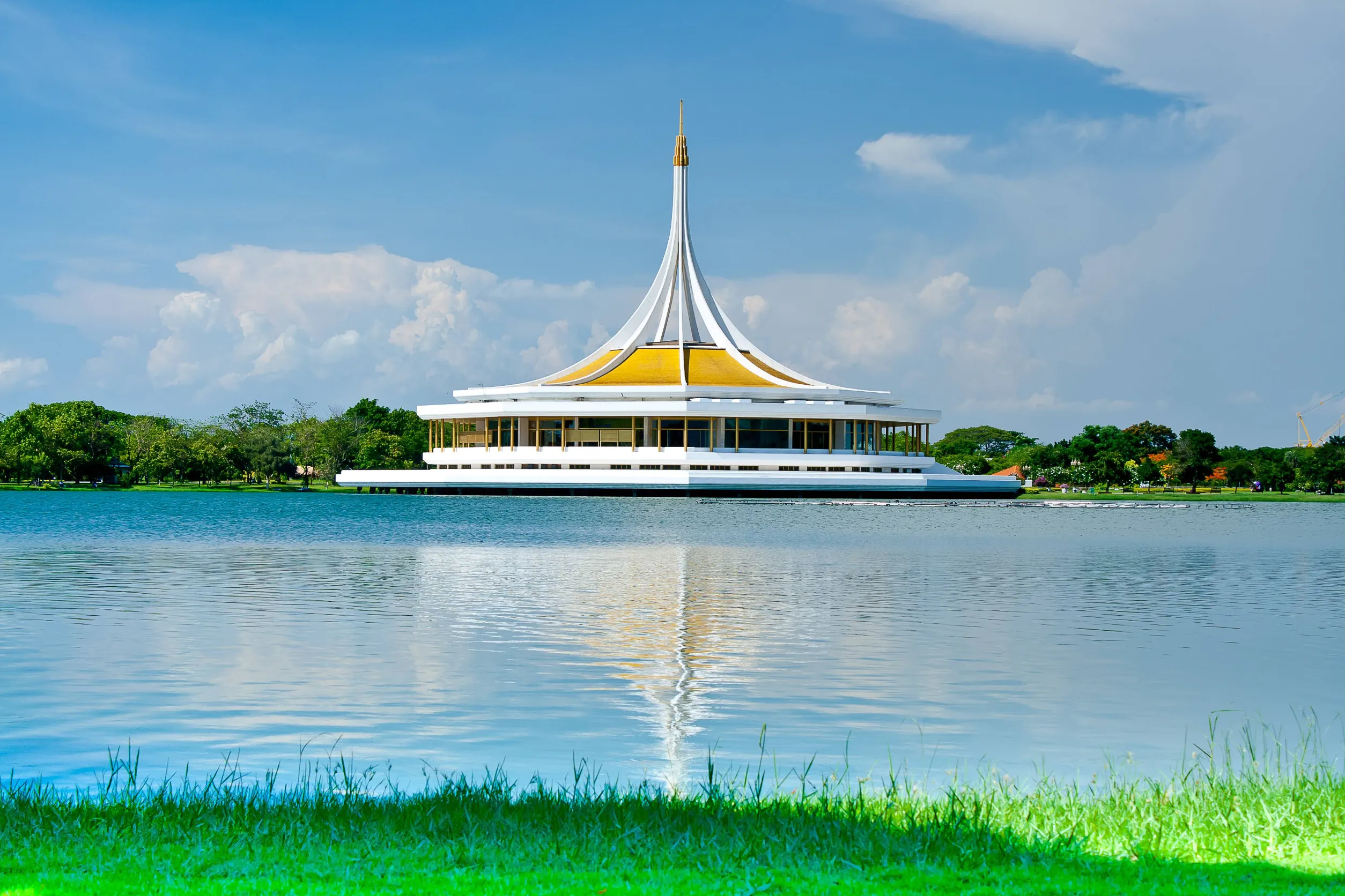 pavilion with lake in city central park thailand