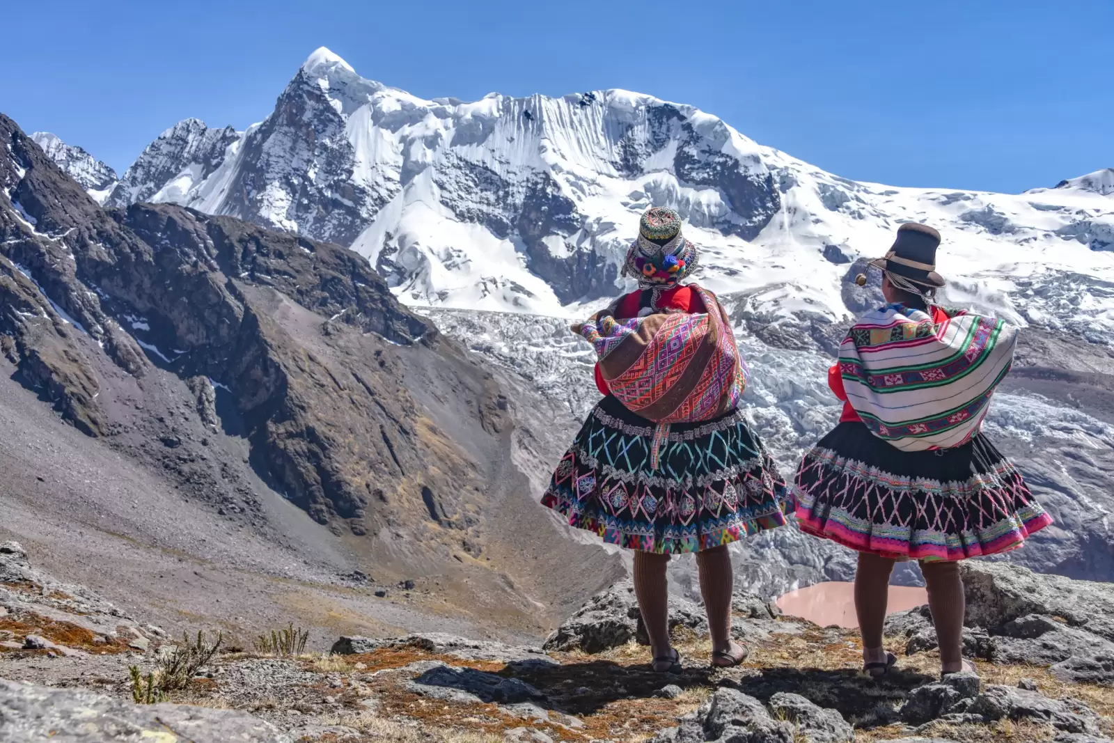 quechua girls admire andean mountain views on the ausangate trail cusco peru