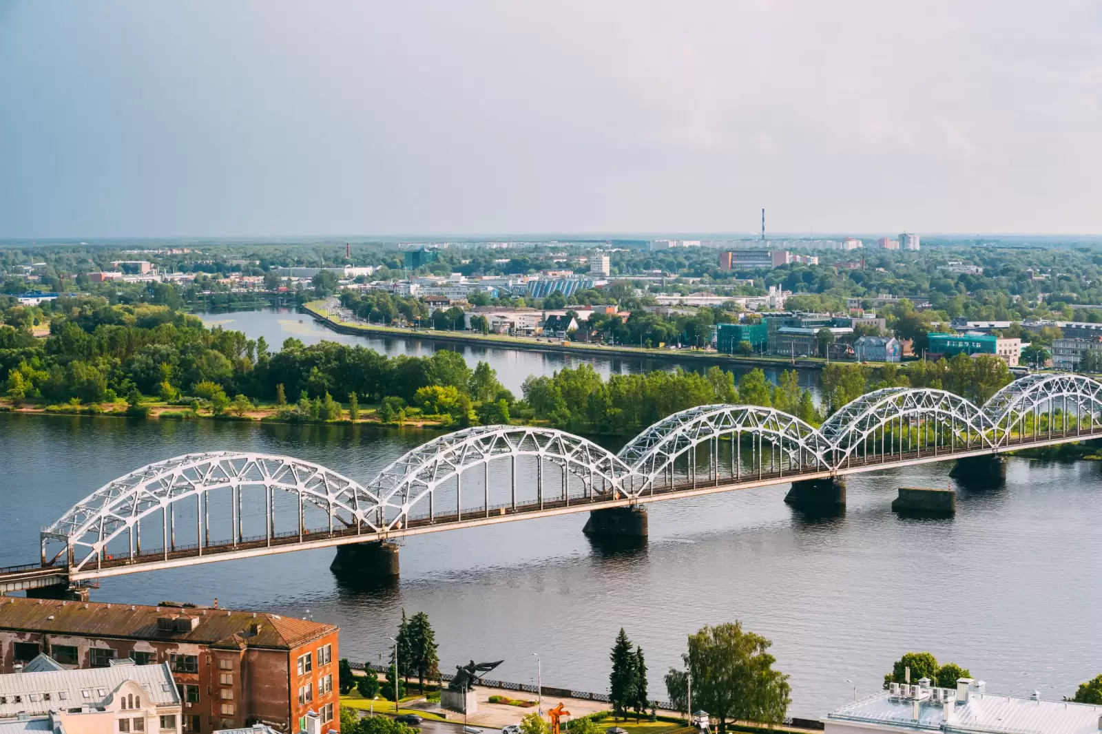 riga latvia aerial view of railway bridge through daugava
