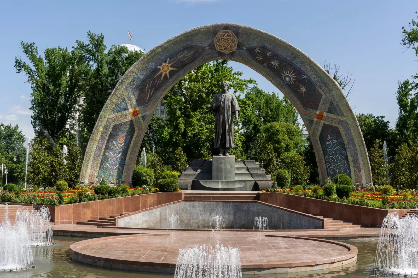 rudaki park with monument and fountain