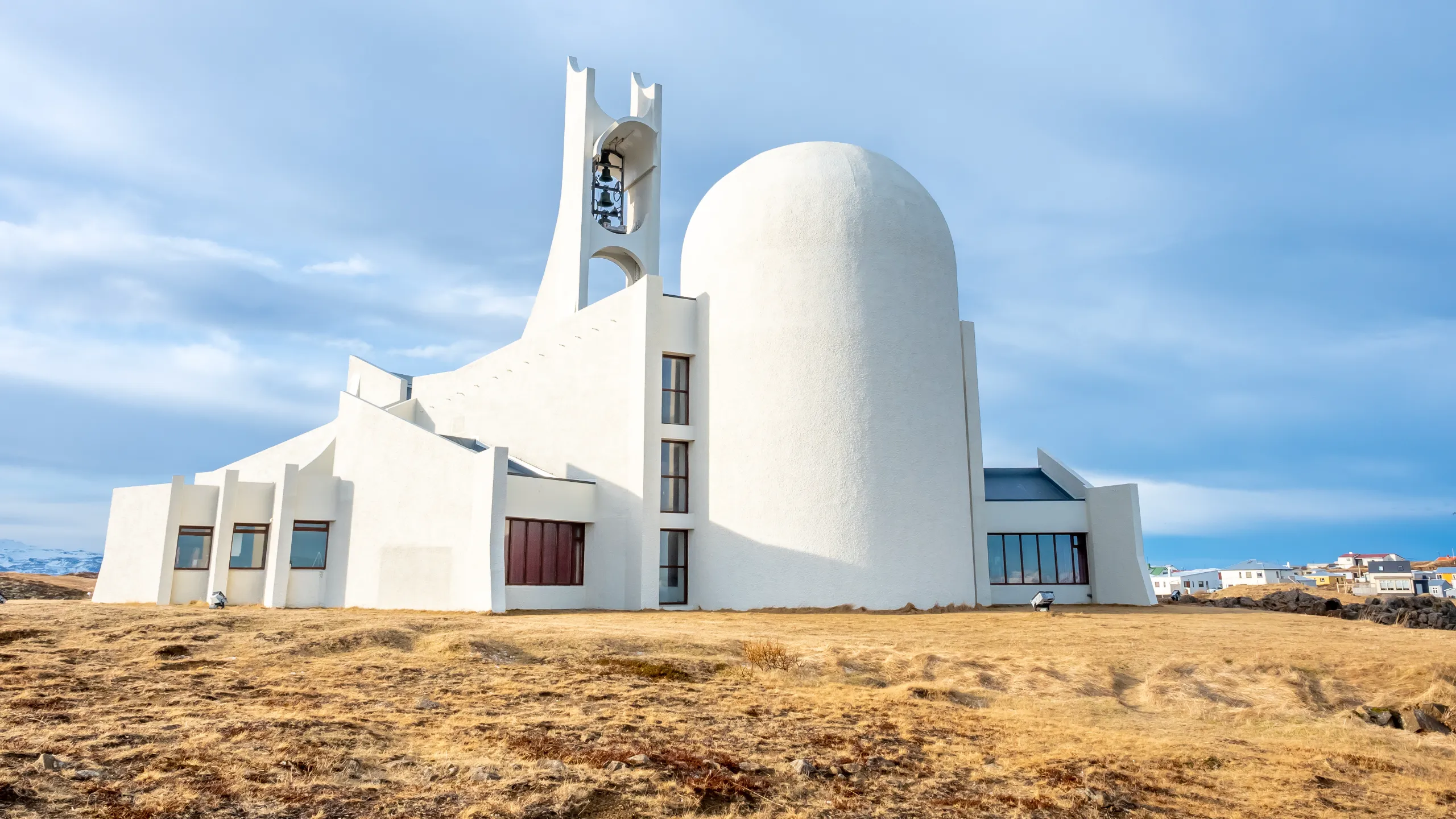stykkisholmur church on hill at center of town