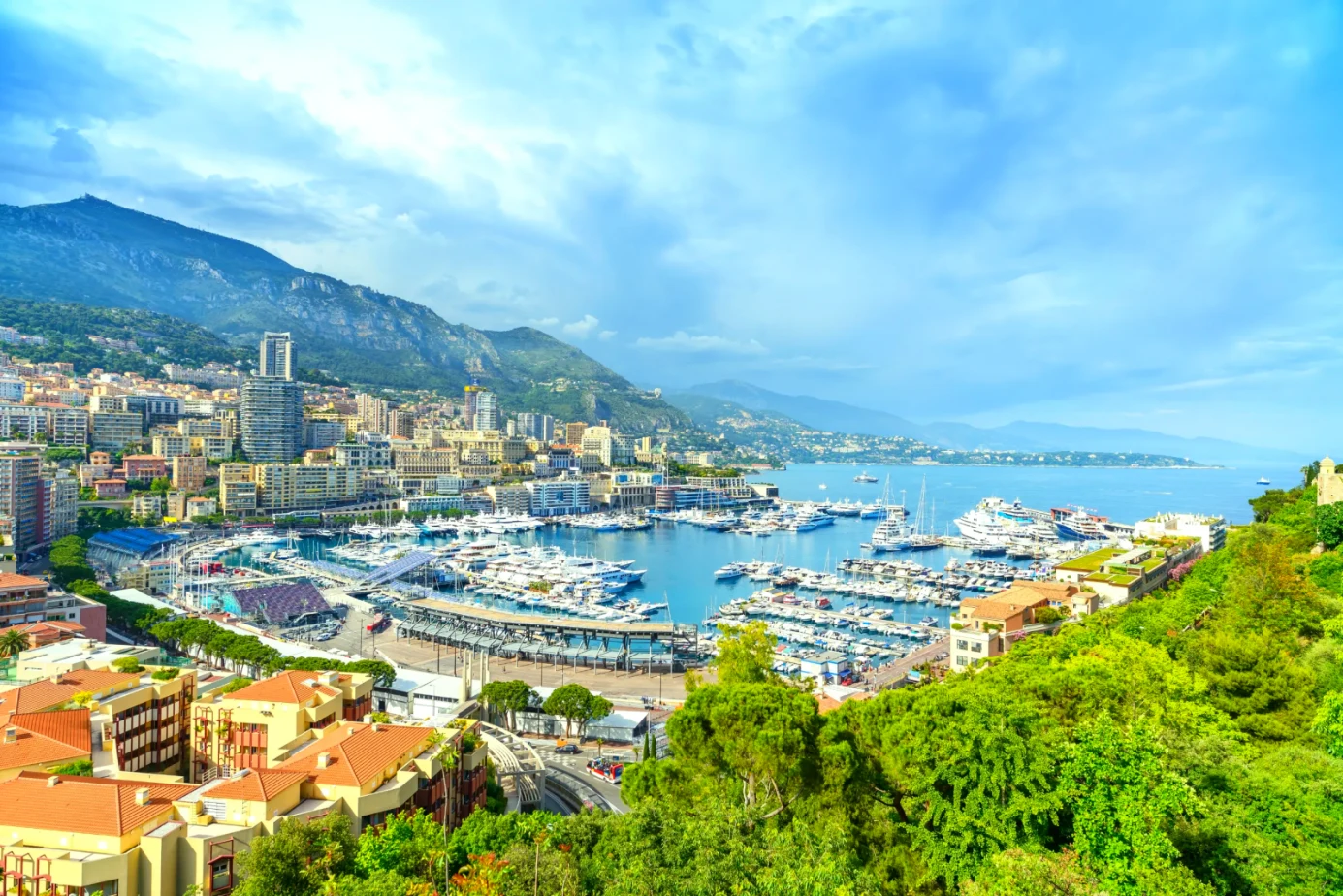 the aerial view of cityscape skyscrapers mountains in monaco monaco