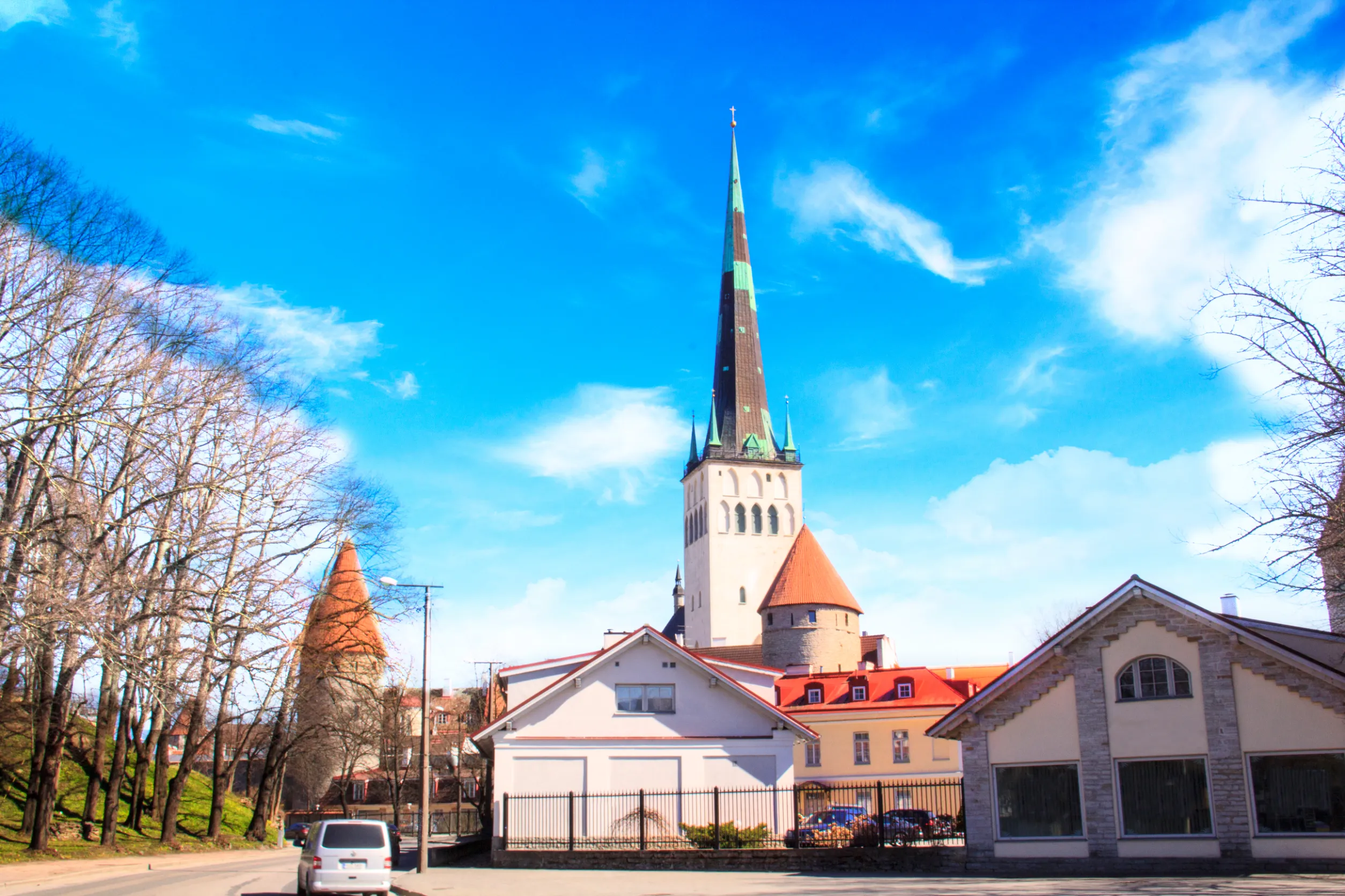 tower oleviste church and the fortress wall in tallinn estonia