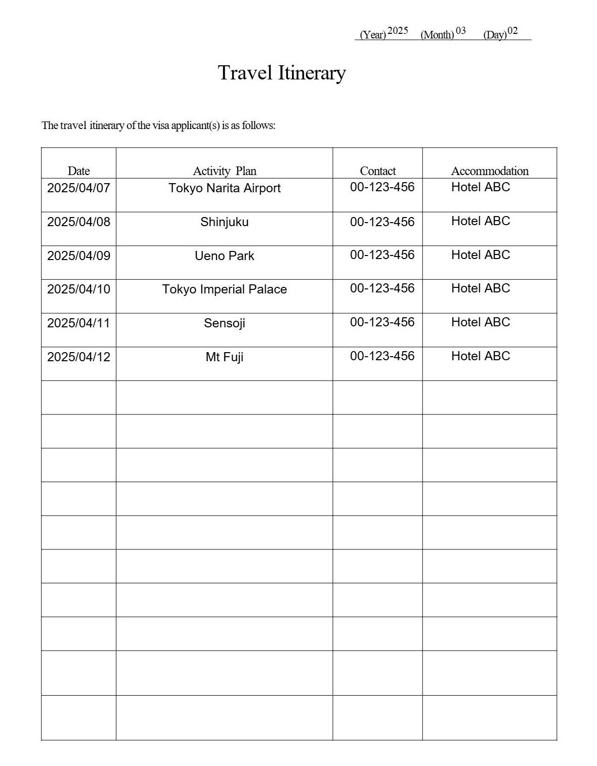 Detailed Schedule of Stay