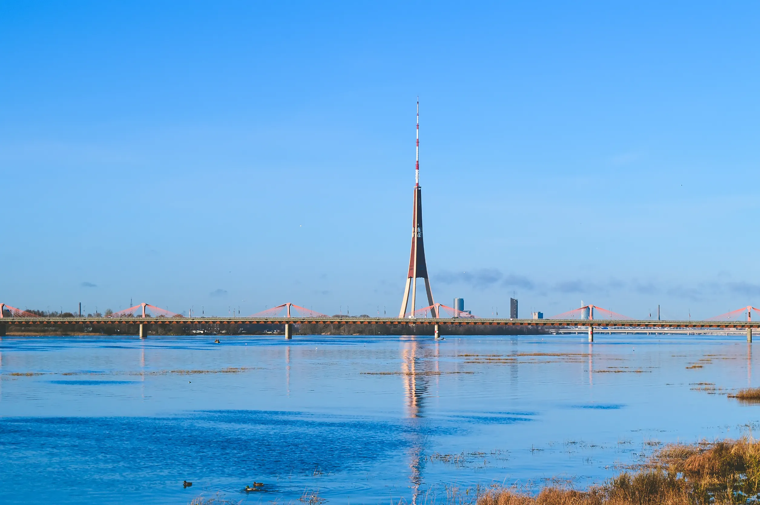 urban landscape with bridge modern buildings and blue sky in october