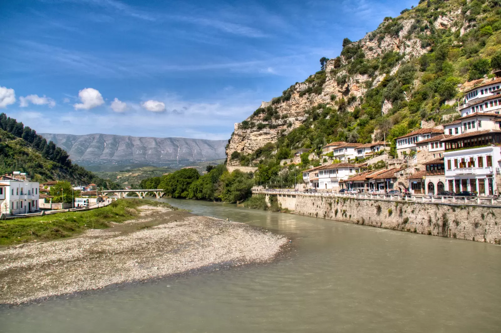 view over the town of berat with river albania