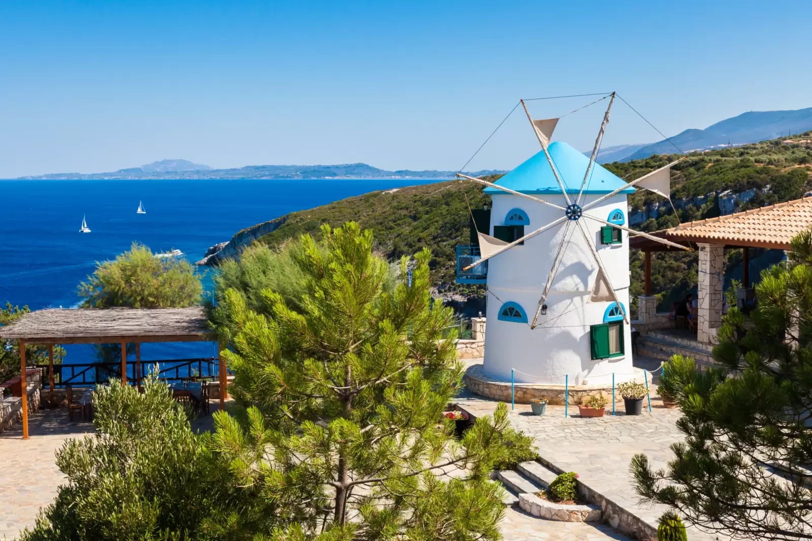 windmill in agios nikolaos near blue caves in zakynthos zante island in greece