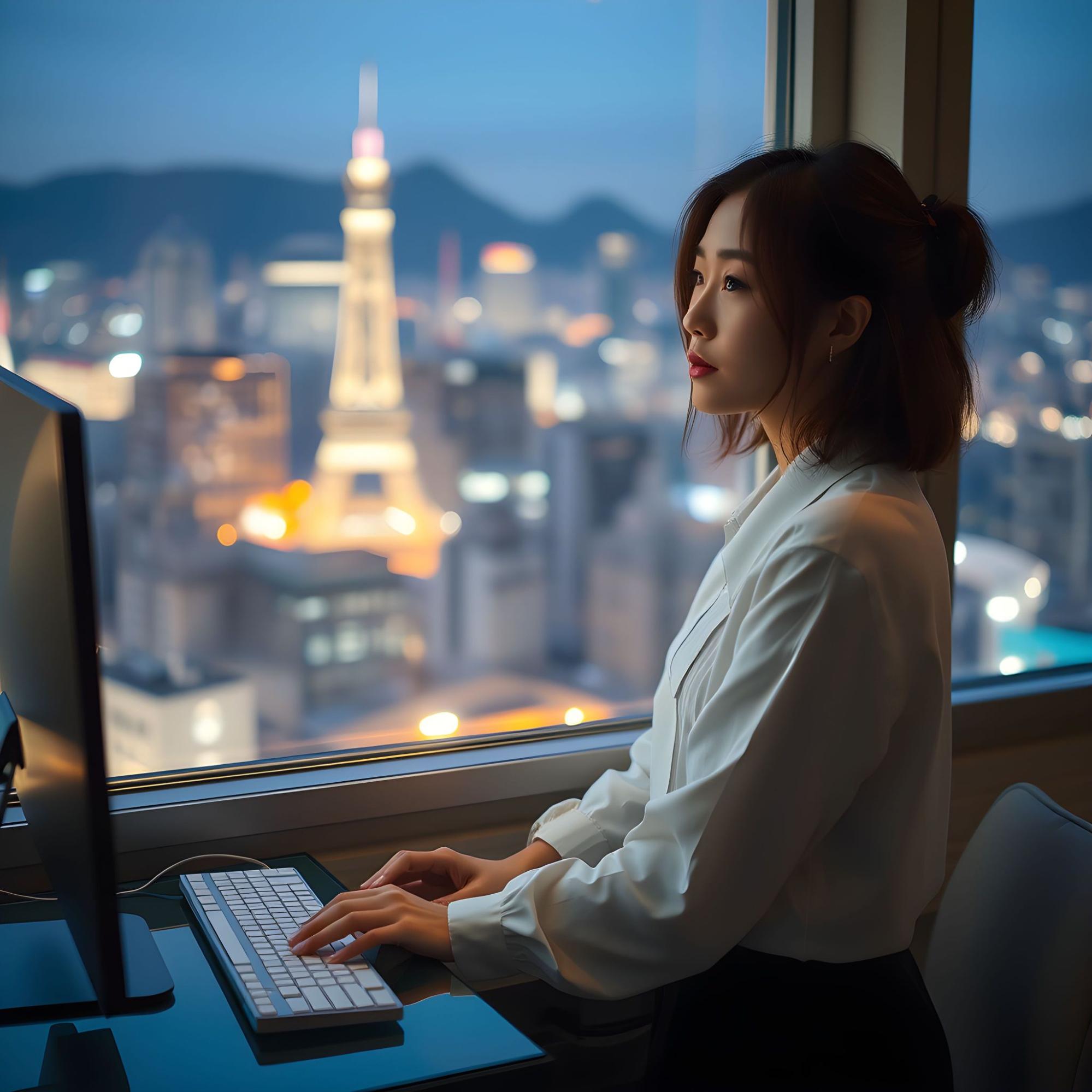 Woman at computer overlooking city skyline