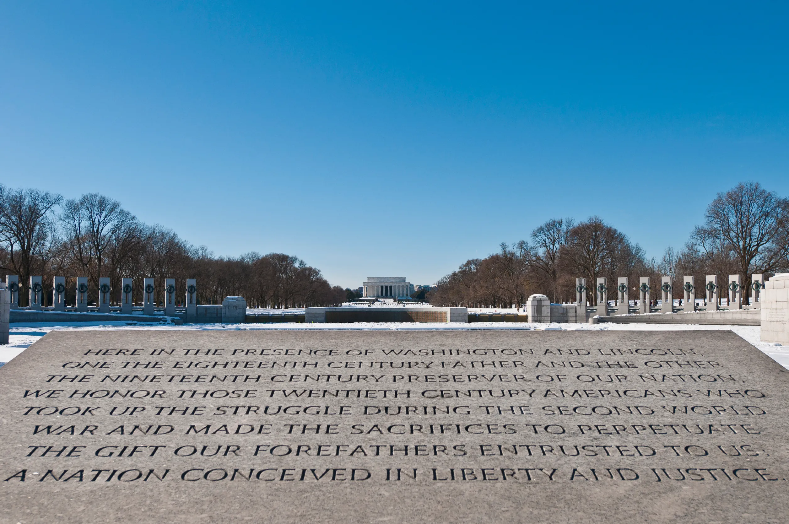 world war ii memorial after a snow blizzard at the mall in dc usa